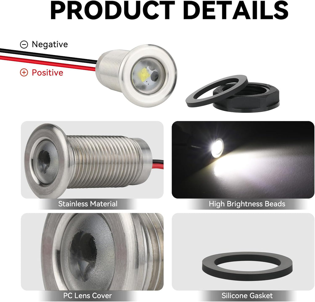 4-Pack IP68 LED Boat Interior Courtesy Lights Dia 1 Inch, White