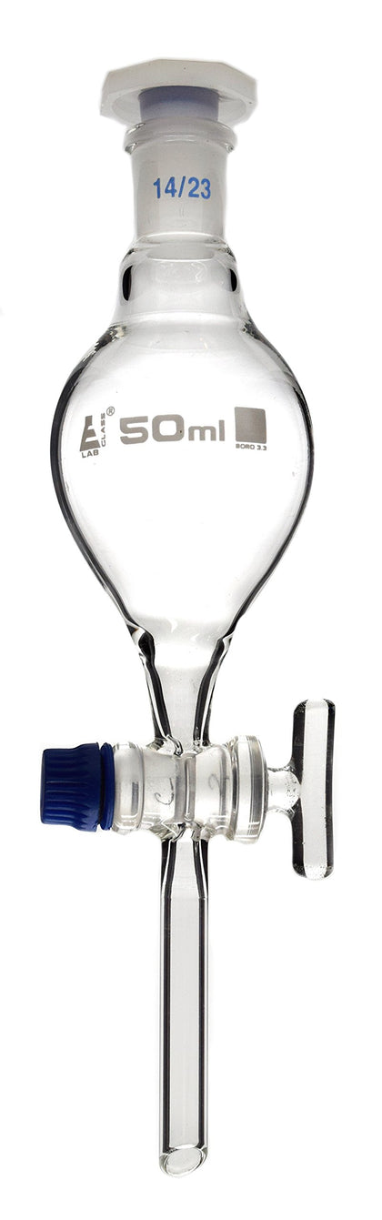 Separating Funnel, 50ml - Pear Shaped - 14/23 Plastic Stopper, Glass Key Stopcock, Stem with Cone - Borosilicate Glass