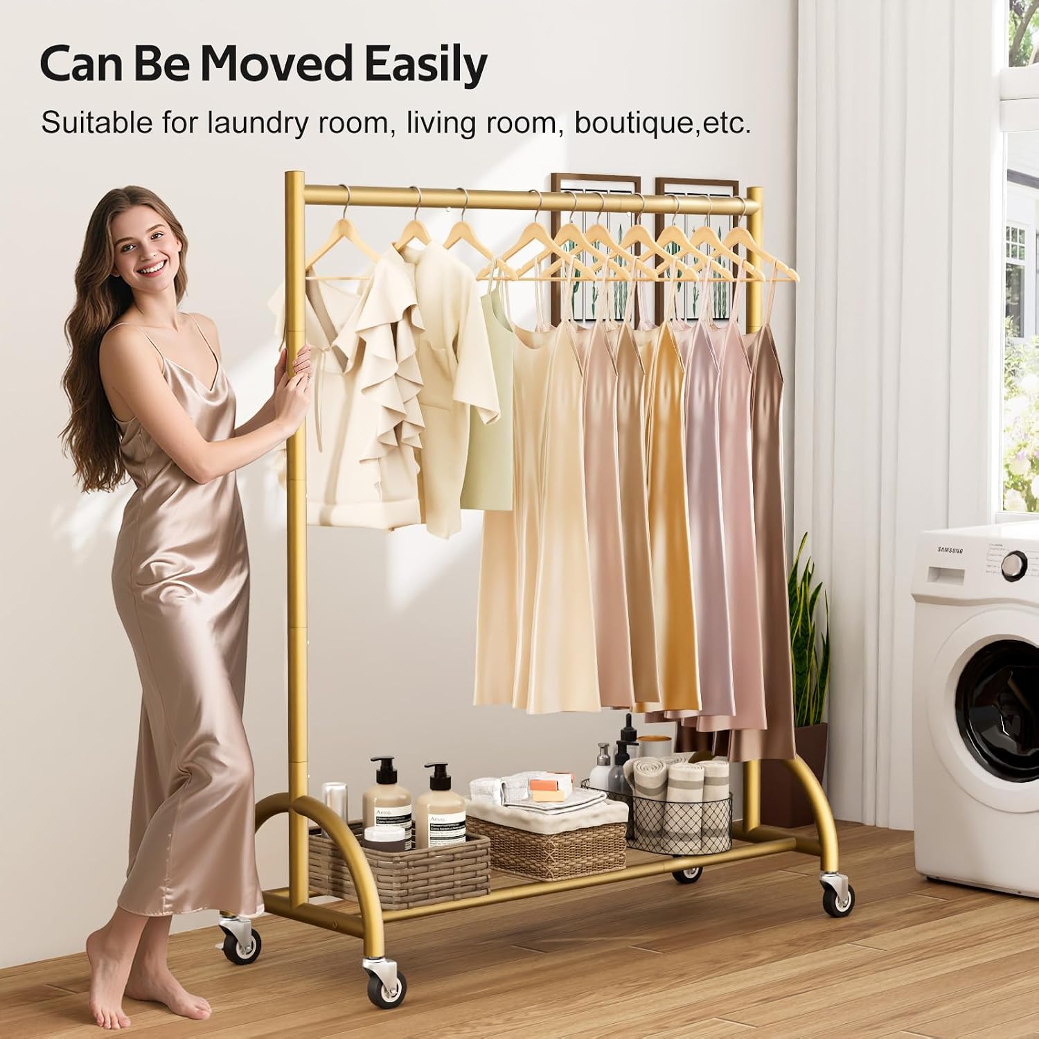 Heavy Duty Clothing Rack with Wheels Rolling Clothes Racks for Hanging Clothes, Coats, Garment, Dress, Gold