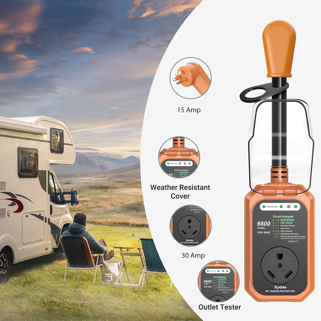 RV Surge Protector 15 Amp to 30 Amp Waterproof, RV Circuit Analyzer with with Full Electrical Protection, Power 15Amp