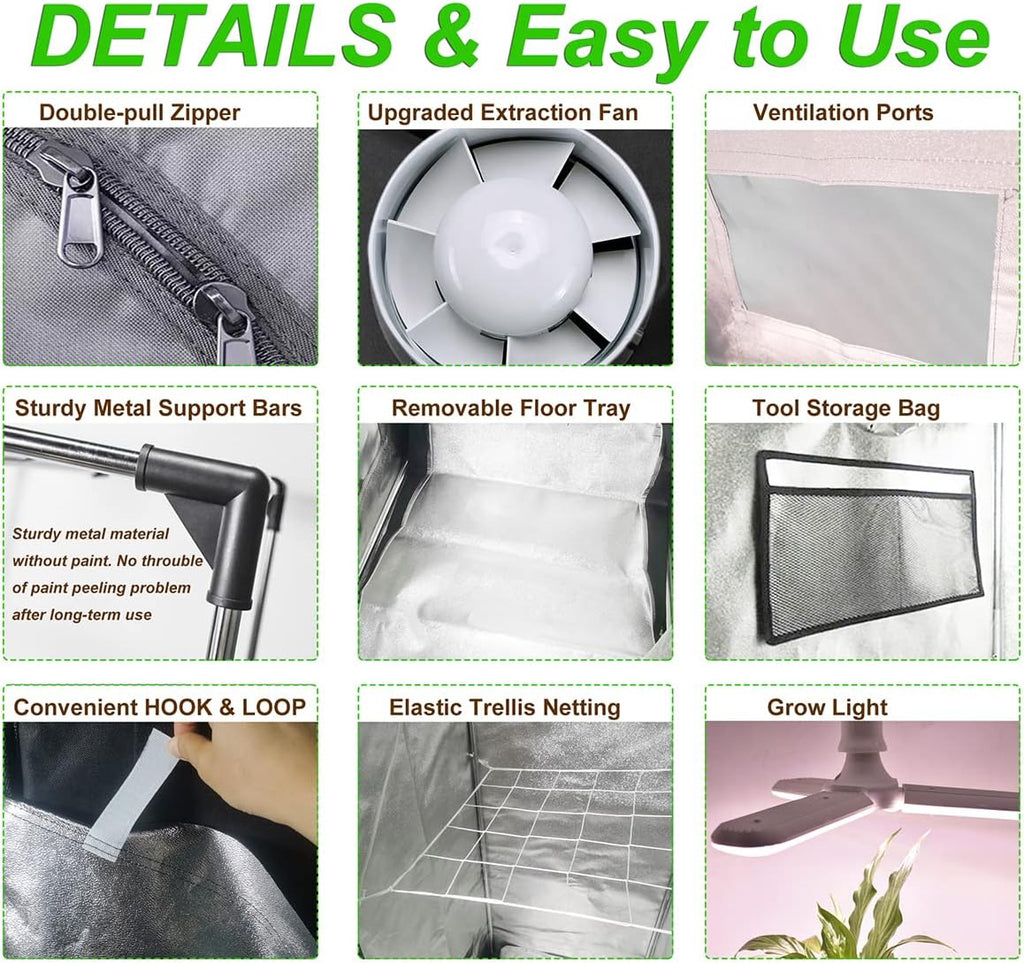 48"x48"x80" Grow Tent Kit Complete 4x4 ft High Reflective Mylar Indoor Grow Tent +Portable Full Spectrum LED Grow