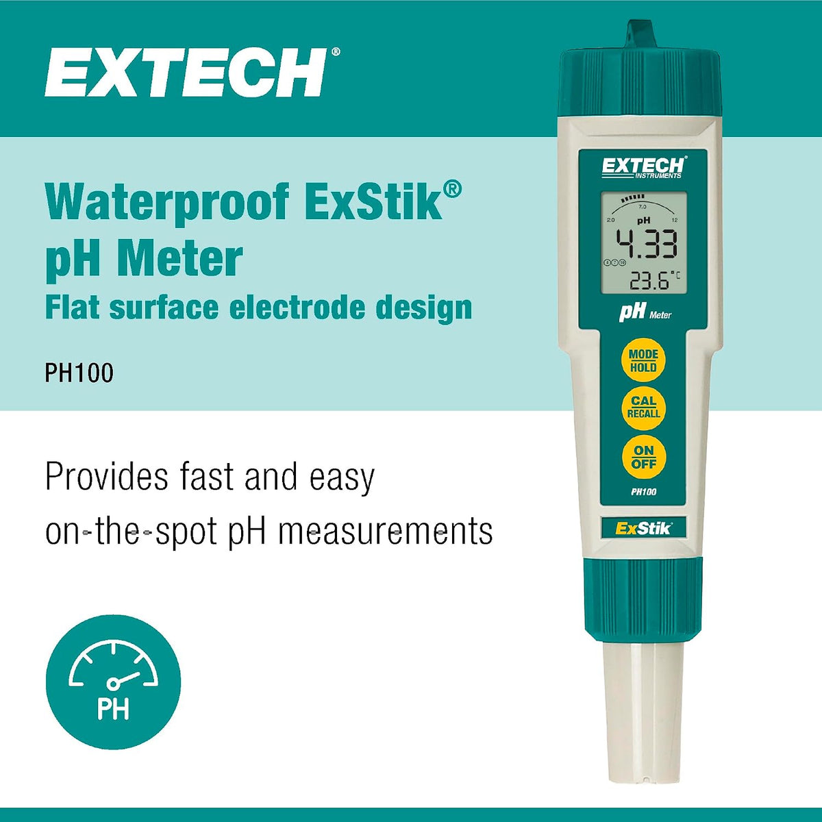 Extech PH100 Waterproof ExStik II pH Meter Kit with Flat Surface Electrode and Temperature LCD Display