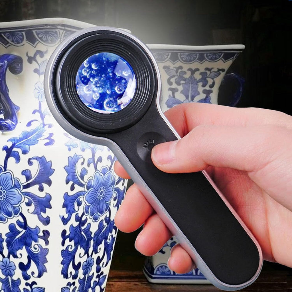Handheld Magnifier Loupe 60x with UV and LED Lights, USB Rechargeable Illuminated Jewelers Loupe Optical Glass