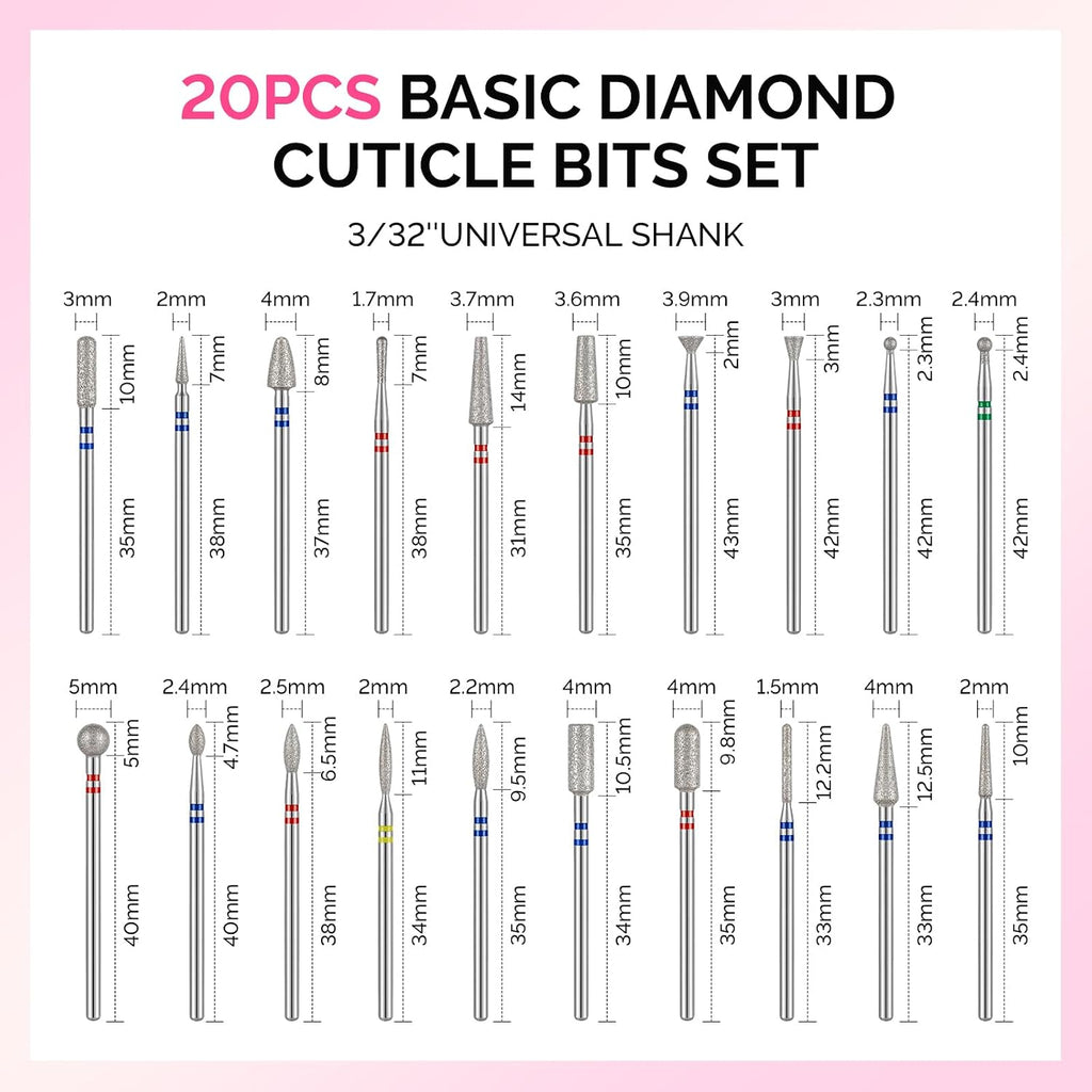 20pcs Nail Drill Bits Diamond Cuticle Set Silver | 3/32''for Nail Drill Efile,Two-Way Rotation,Acrylic Nails Poly Gel