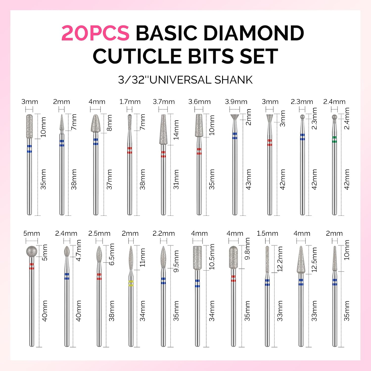 20pcs Nail Drill Bits Diamond Cuticle Set Silver | 3/32''for Nail Drill Efile,Two-Way Rotation,Acrylic Nails Poly Gel