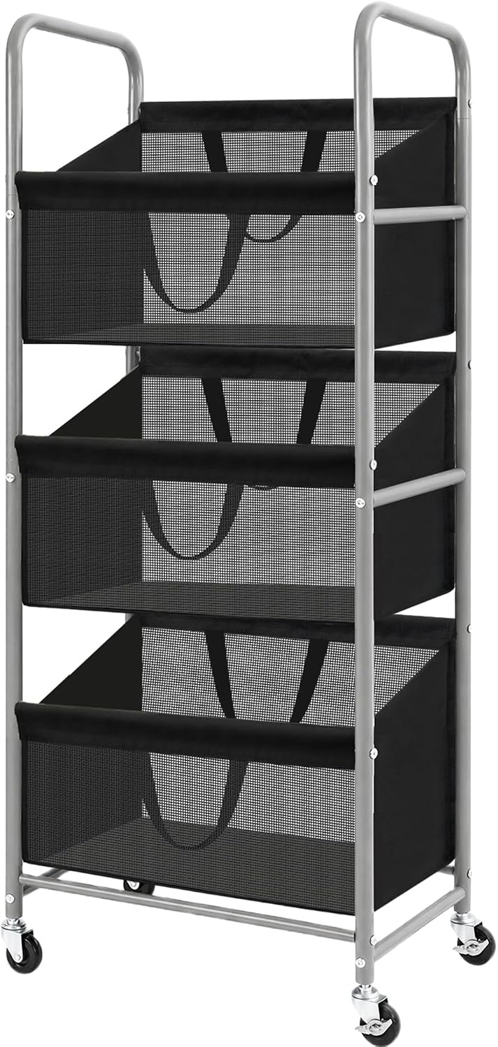3-Tier Vertical Rolling Laundry Hamper, Removable Bags, Black Mesh | 120L Capacity, Space-Saving Vertical Design