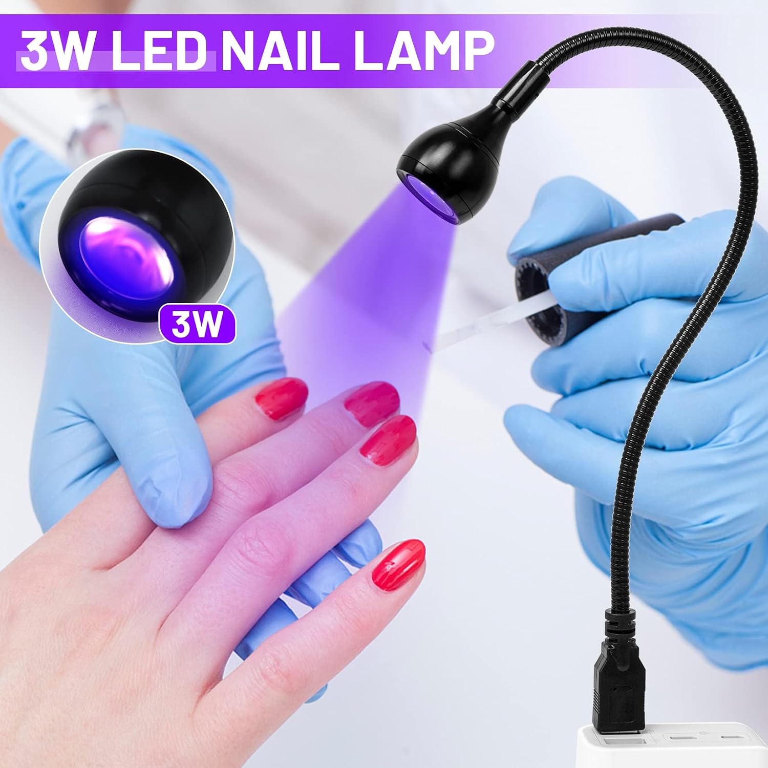 3W USB UV Nail Lamp with Flexible Gooseneck for Gel Nails, Black | Plug and Play, Portable Nail Dryer for Gel Polish