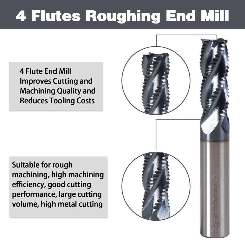 XYunEnZ 3/8" 4 Flute Roughing End Mill AlTiN Coated Carbide, 5Pcs
