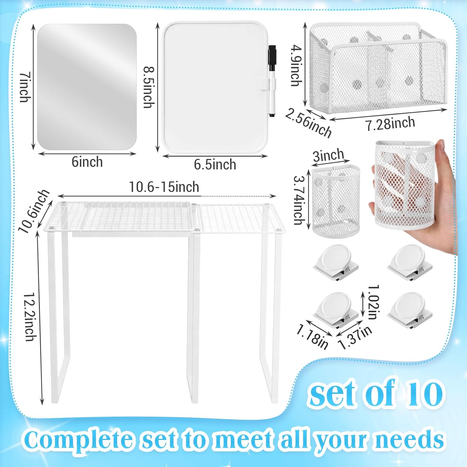 Adjustable Locker Shelf Organizer Set with Magnetic Accessories, Locker Shelf Adjustable 10.6–15 Inch with Magnetic