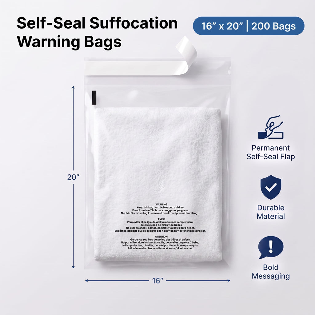 16" X 20" (200 Count) Self-Seal Clear Poly Bags With Suffocation Warning