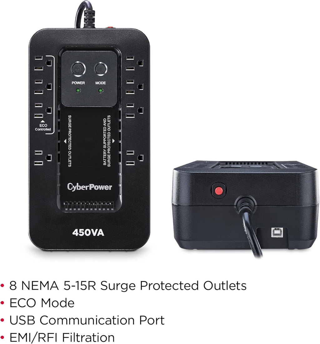 EC450G Ecologic Battery Backup & Surge Protector UPS System, 450VA/260W, 8 Outlets, ECO Mode, Compact Uninterruptible