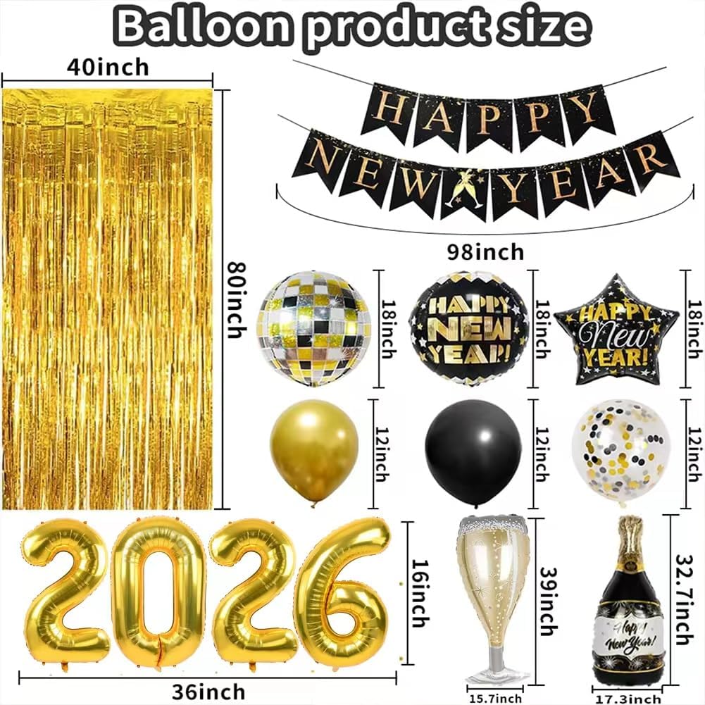 Happy New Year Party Decoration 2026 Foil Balloon Banner and Curtains Disco Balloons Champagne Balloon New Years Eve