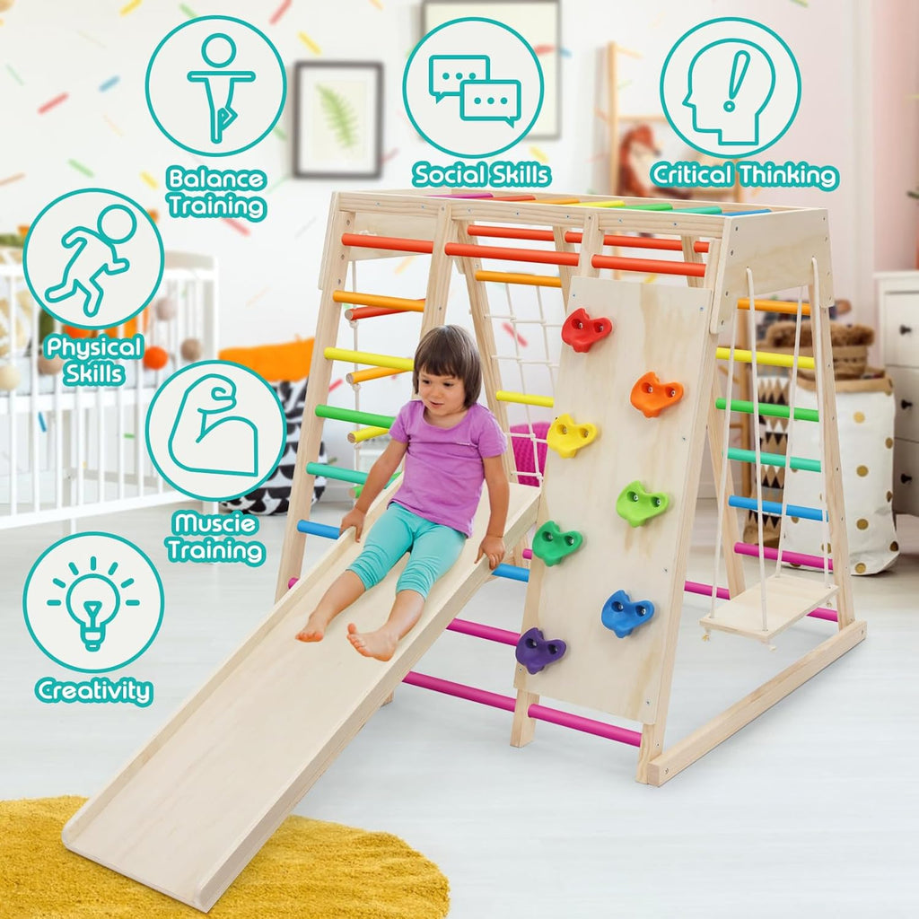 7 in 1 Pikler Indoor Playground Jungle Gym Playset, Wooden Montessori Climber with Slide, Rock Climb Wall, Monkey