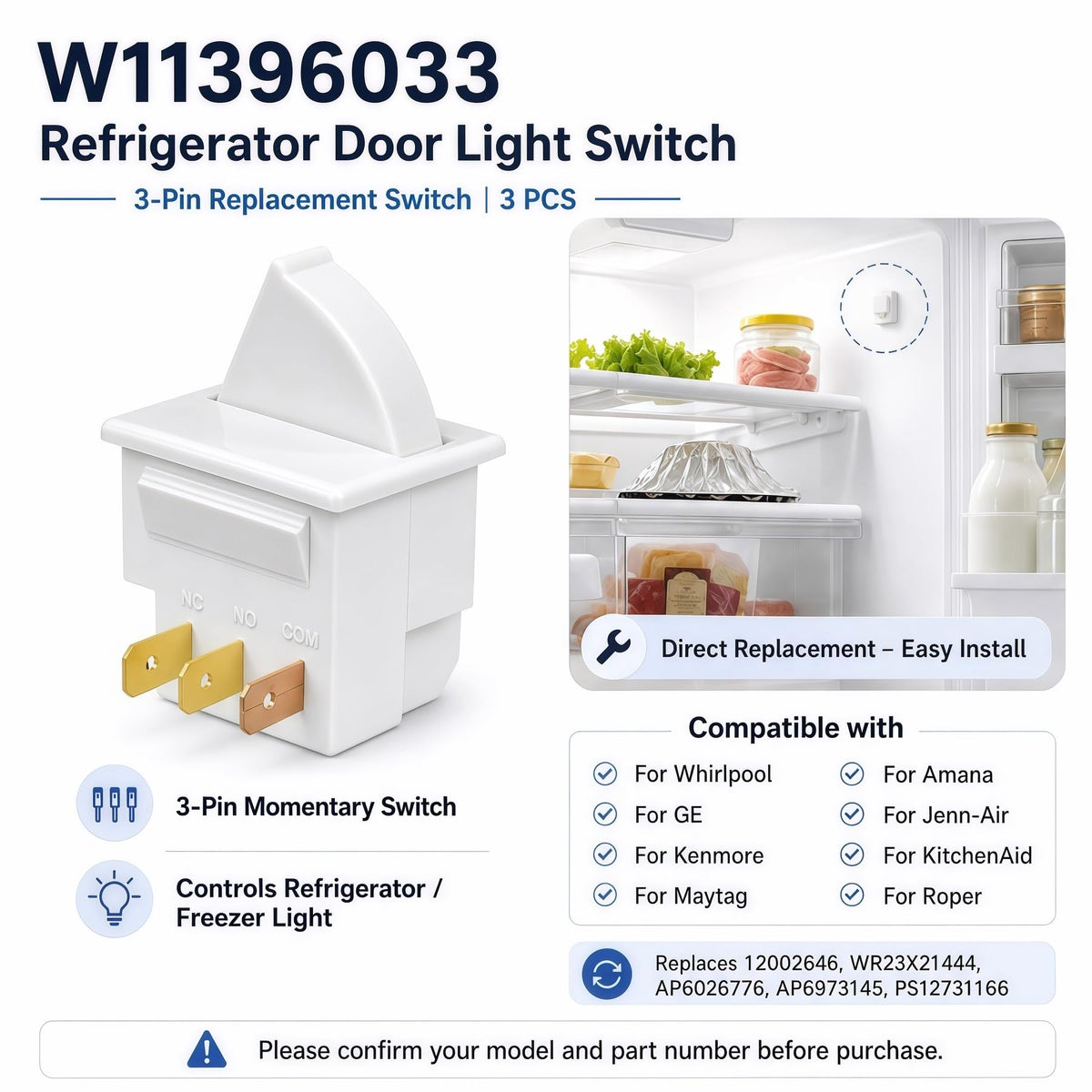 3 Pack W11396033 Refrigerator Door Light Switch 3Pin Replacement