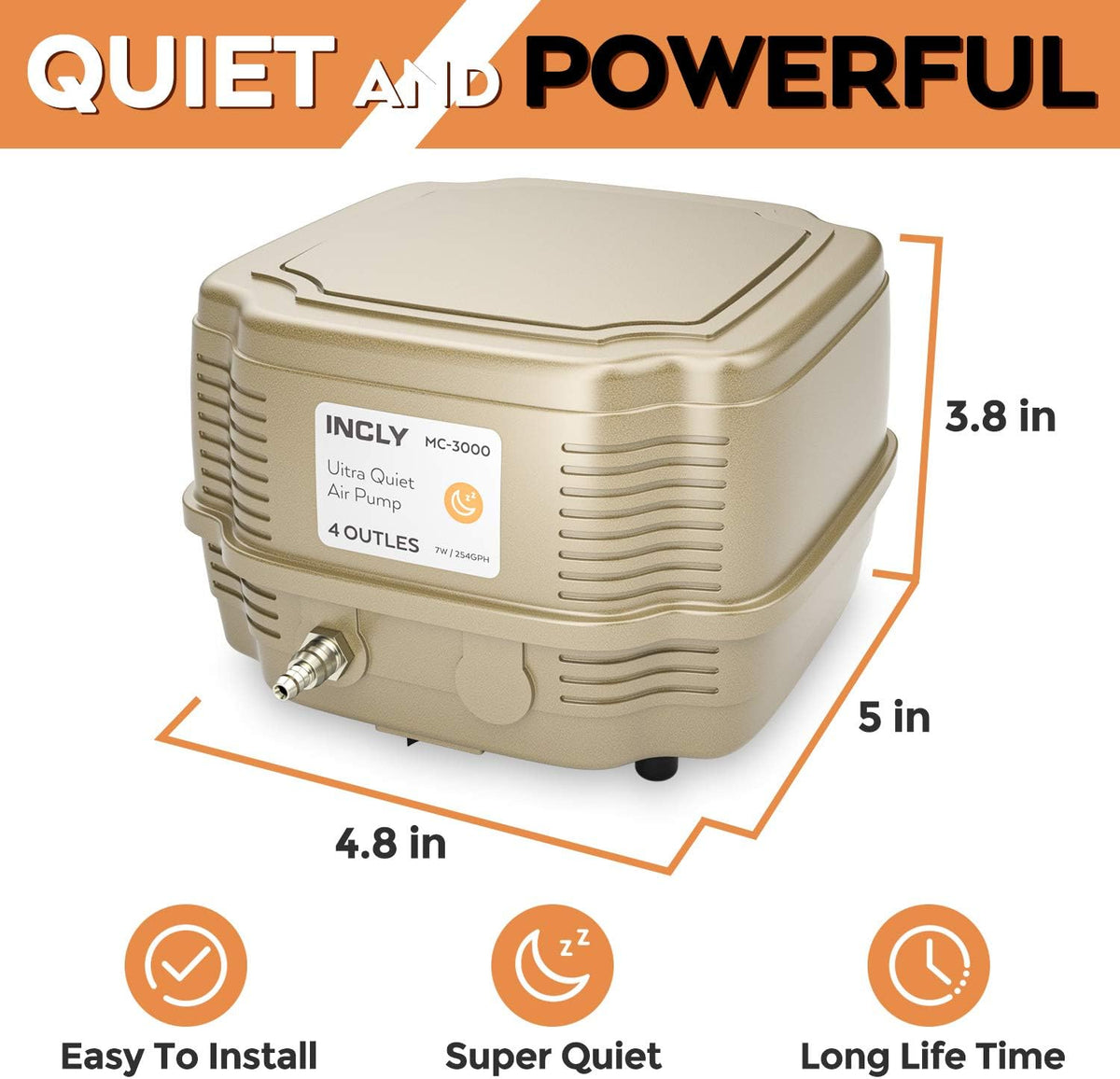 7W Ultra Silent Aquarium Air Pump - 245 Gallon/Hr, 4 Adjustable Outlets - Commercial & Hydroponics Oxygen Bubbler for