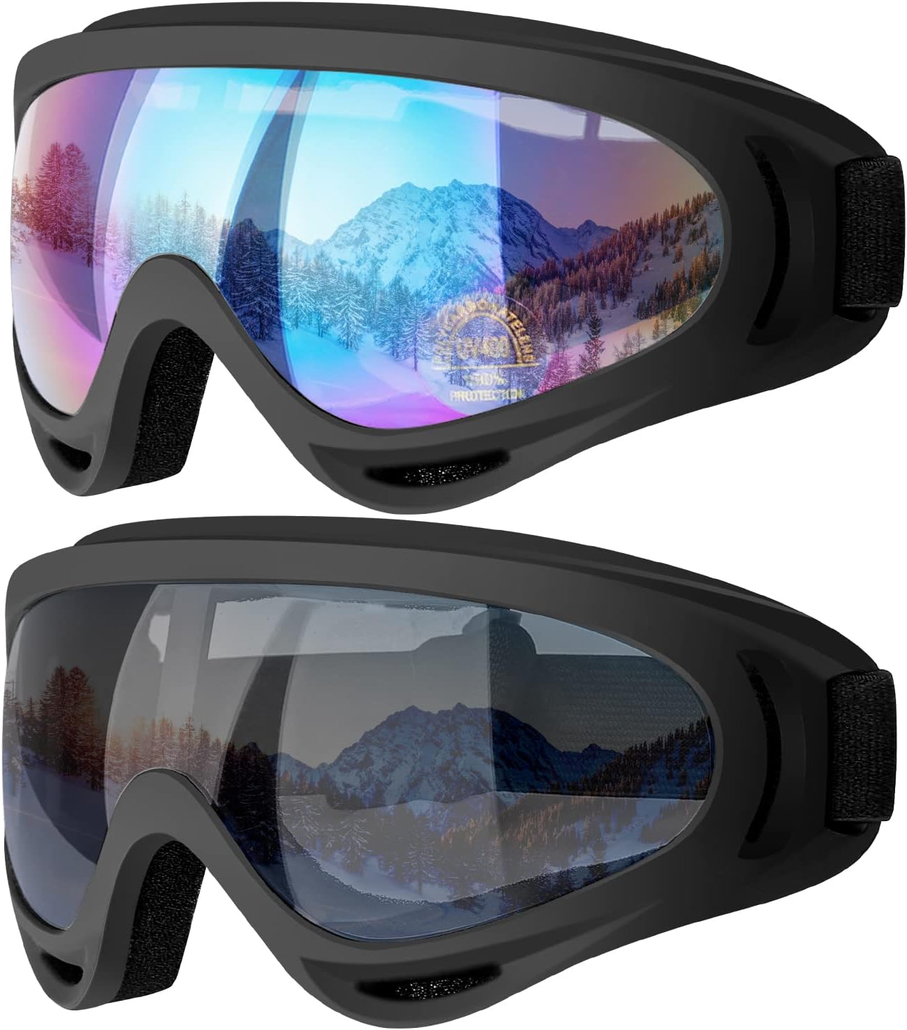 Ski Goggles, 2 Pack Snow Goggles Snowboard Goggles for Men Women Kids | UV Protection Foam Anti-Scratch Dustproof