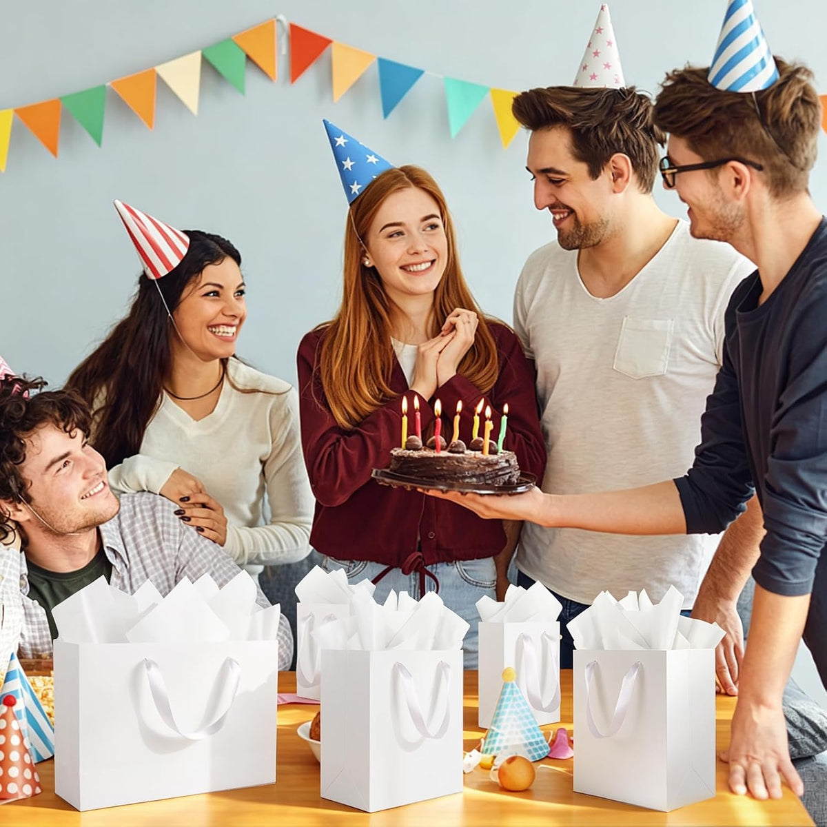 6 Pack White Gift Bags with Handles and 12 Tissue Papers