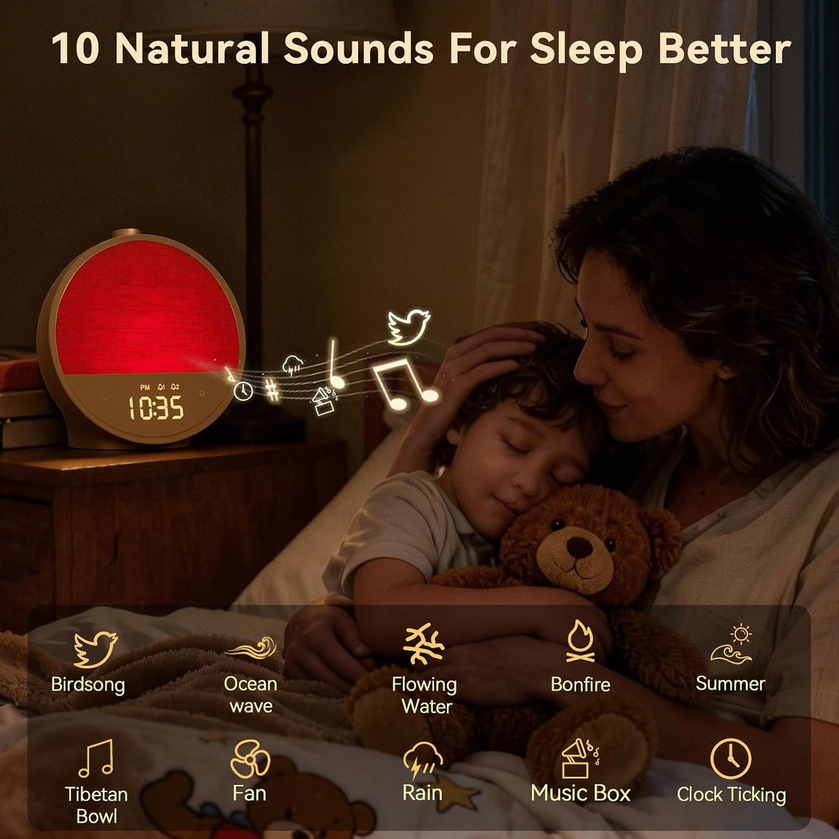 Sunrise Alarm Clock for Bedroom, White Noise Sound Machine | 15mins Sunrise Simulation, 10 Natural Sounds, Dual