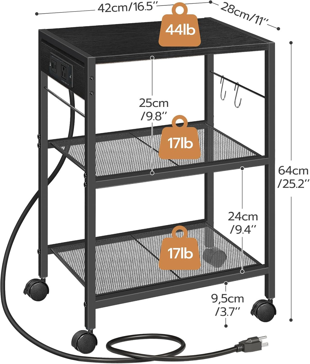 Industrial Printer Stand, 3-Tier Mobile Printer Table, Rolling Cart with Power Outlets and USB Ports, Home Printer