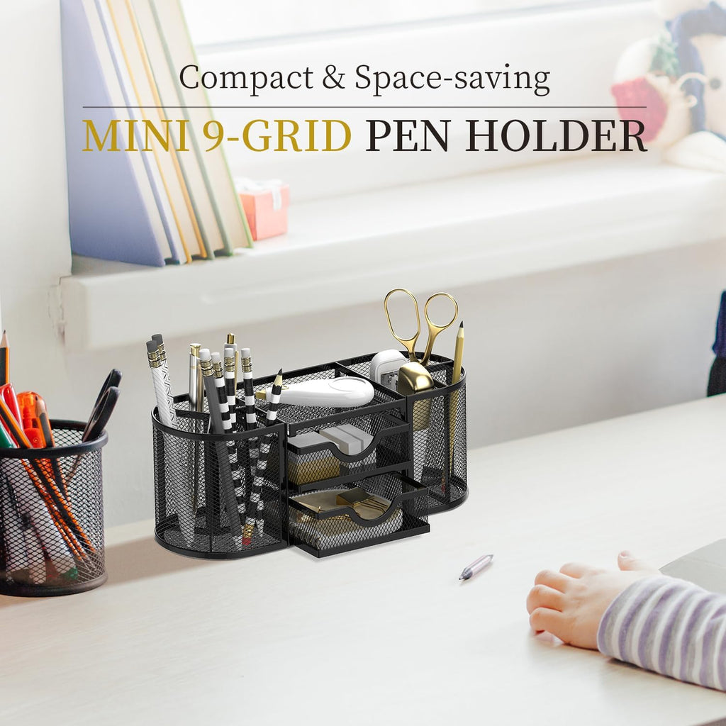 Mesh Desk Organizer, Desk Organizers and Accessories, Pen Holder with Drawers, Pencil Holder for Desk with 2 Drawer