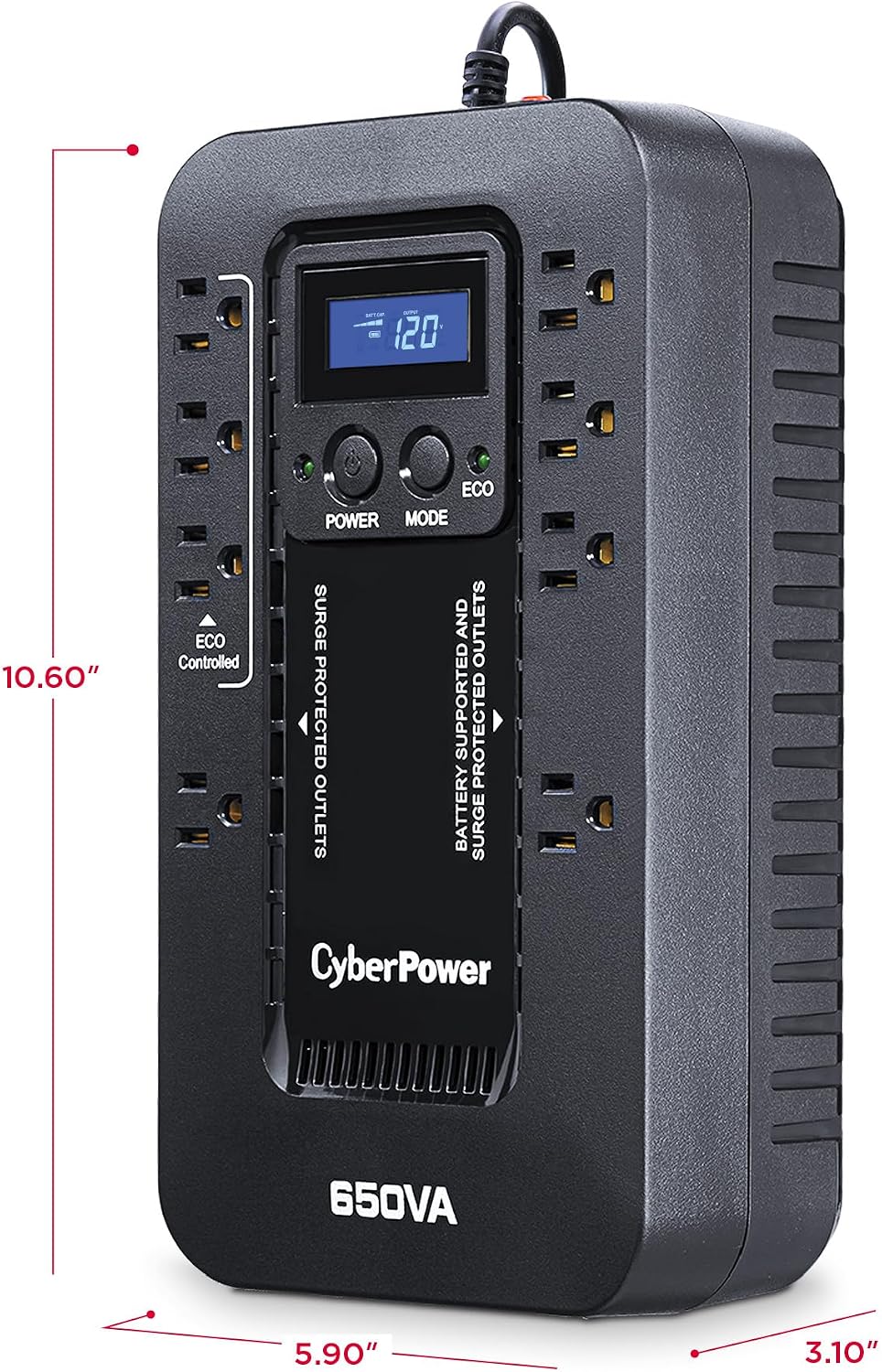 EC650LCD Ecologic UPS Battery Backup and Surge Protector | 650VA/390W, 8 Outlets, ECO Mode, Compact, UL Certified