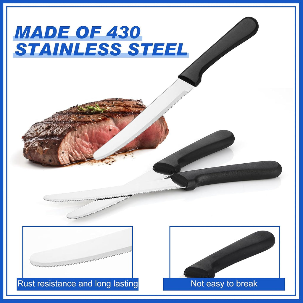 100 Pcs Steak Knives Bulk 8.39 Inch Rounded Serrated Blade, Black