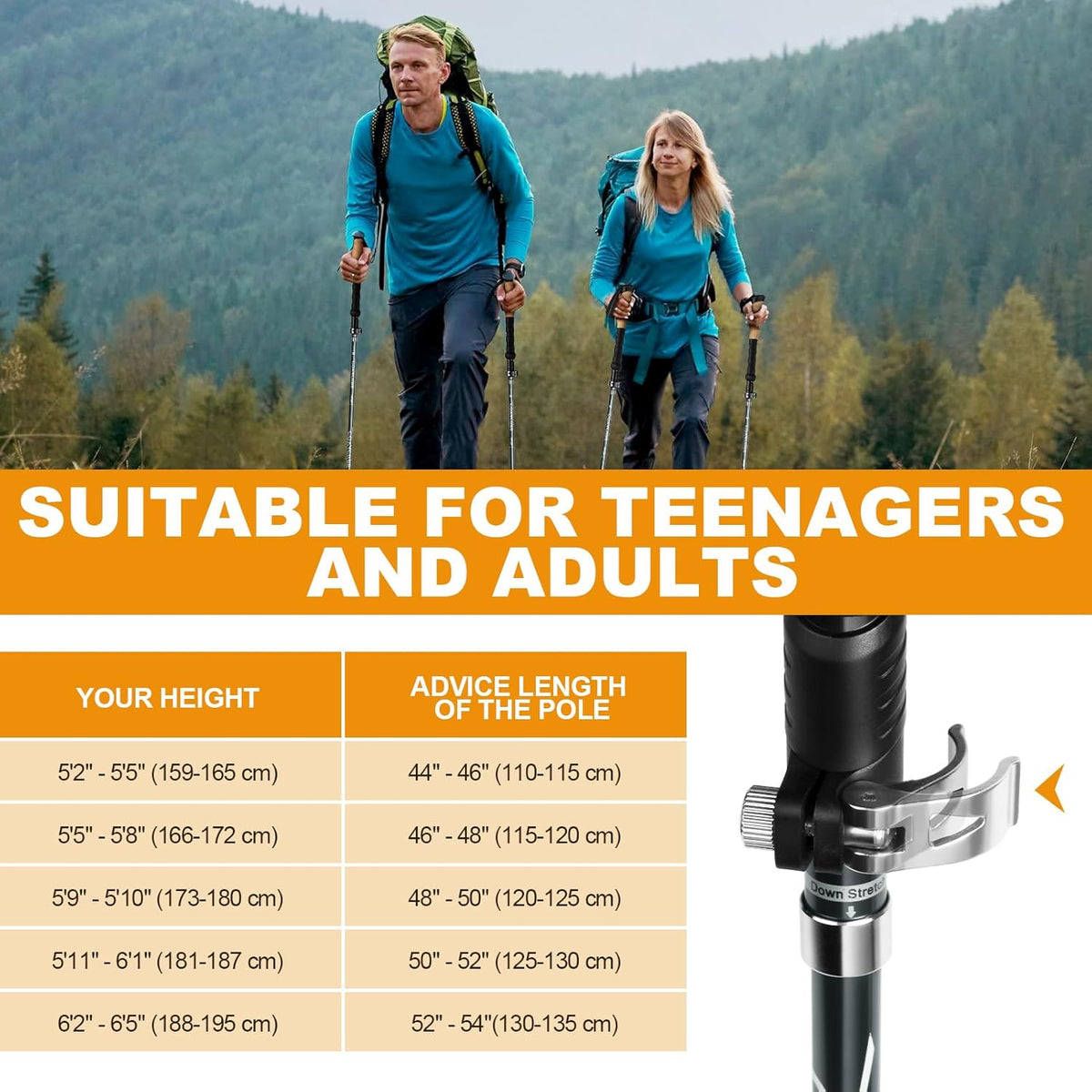 Hiking Poles Collapsible, Aluminum Alloy 7075 Trekking Poles | Hiking Sticks Telescopic & Foldable, Adjustable Height