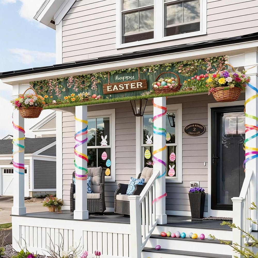 Easter Banner 78.74 x 17.72 Inch Rustic Wood Background with Hanging Floral Garlands Spring Flowers Decorative Eggs
