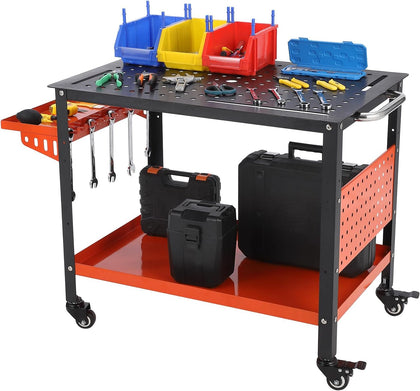 Heavy Duty Portable Steel Workbench Table,600 lbs Load,5/8-Inch Fixture Holes,Double-Layer Storage, Pegboard, Tool