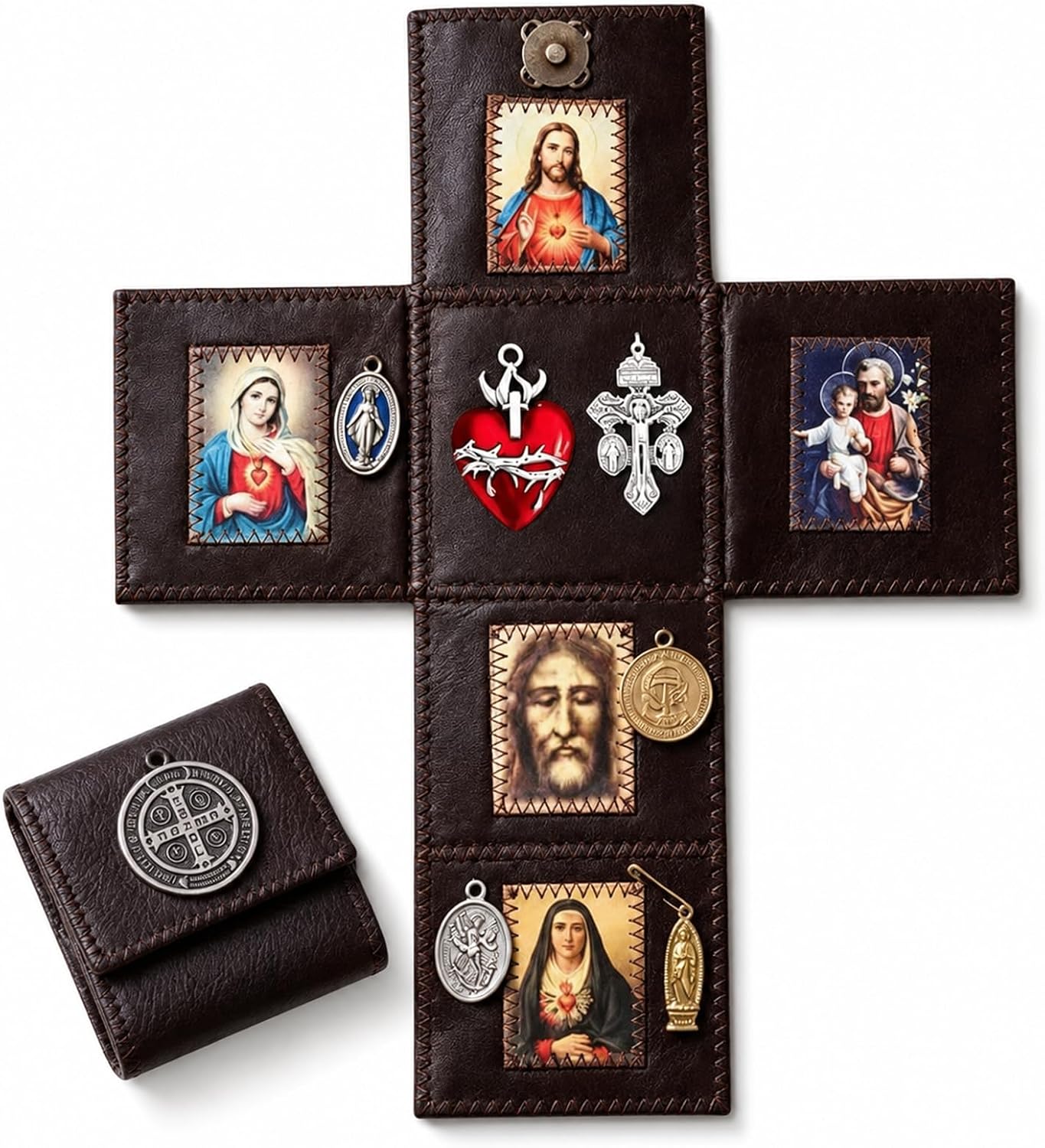 Hand Sewn Leather Catholic Pocket Shrine, Portable Folding Personal Travel Altar with Jesus Sacred Art & Metal