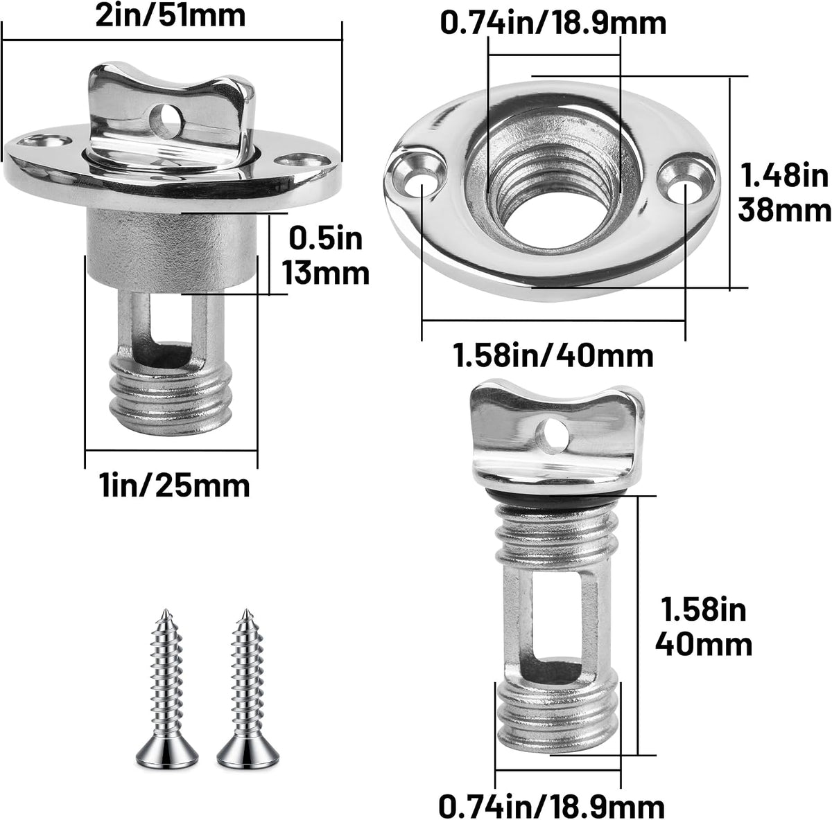 Marine Drain Plug Kit, Stainless Steel Boat Drain Plug, Oval Garboard Transom Boat Plug with Waterproof Seal Ring