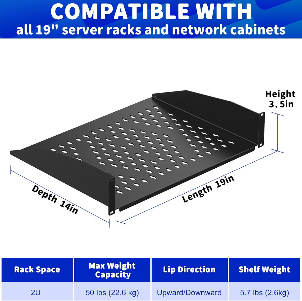 2 Pack 2U Cantilever Universal Rack Shelf, 14in Deep, 50lb Capacity