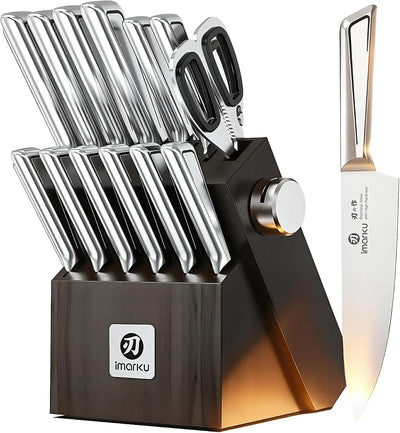 Japanese High Carbon Stainless Steel Knife Set with Block, Precision-Forged Gyutou Kitchen Knives with Built-in