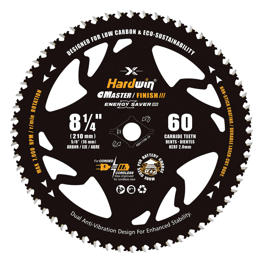 8-1/4 Table Saw Blade 60T Wood Cutting, 5/8 Arbor, Diamond Knockout | 60T carbide teeth and 2.0mm thin kerf deliver