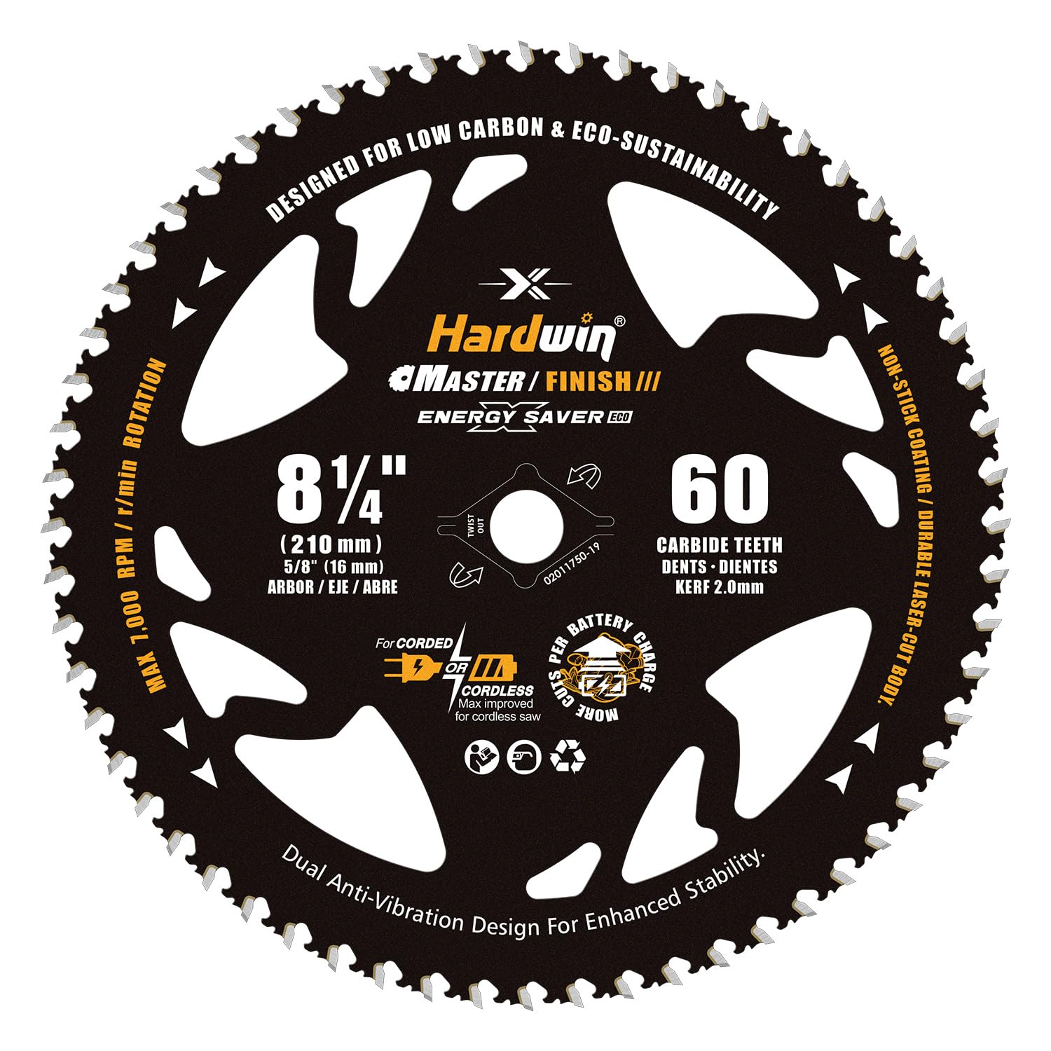 8-1/4 Table Saw Blade 60T Wood Cutting, 5/8 Arbor, Diamond Knockout | 60T carbide teeth and 2.0mm thin kerf deliver