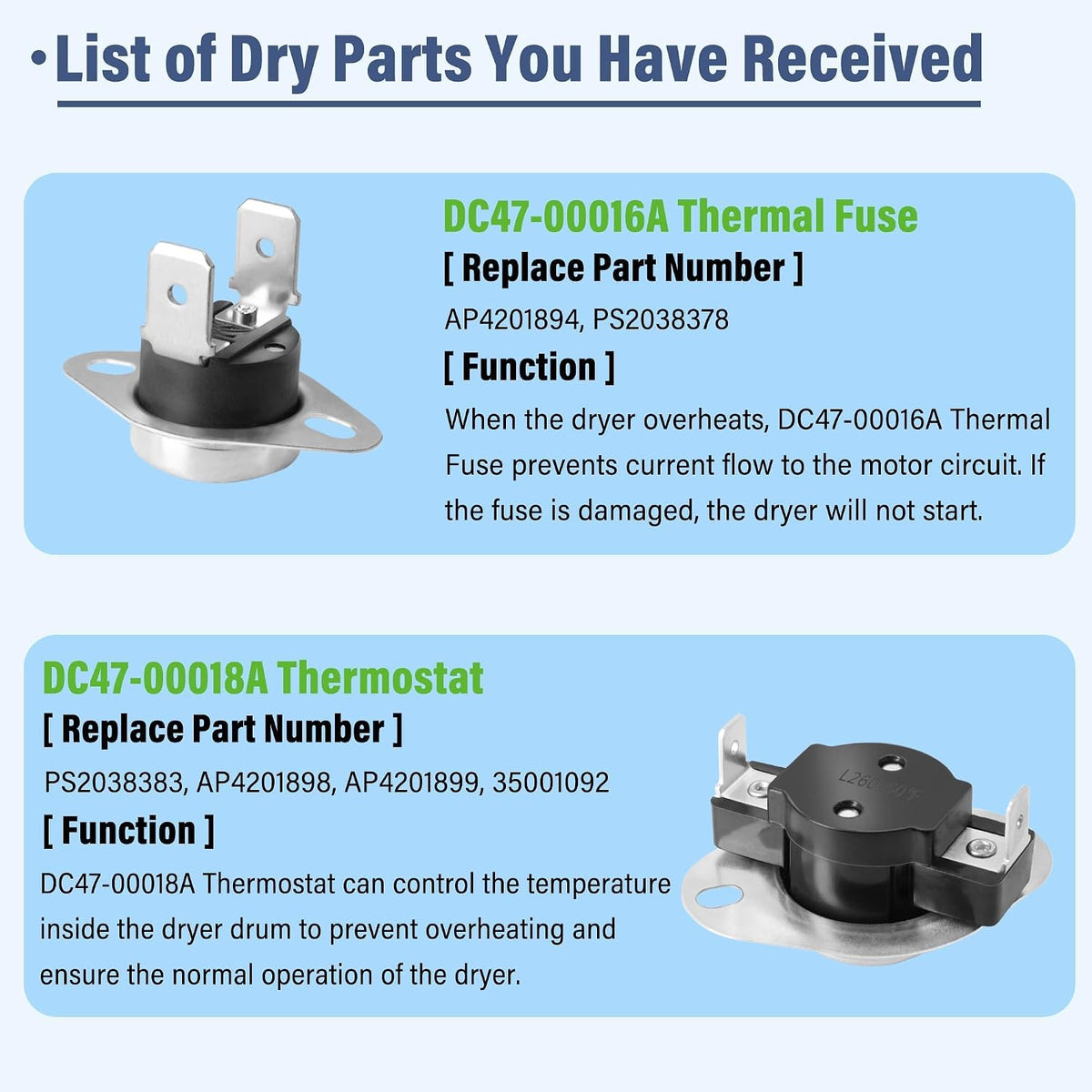 DV395ETPASU/A1 DV456EWHDWR/AA DV393ETPAWR/A1 DV395ETPAWR/A1 DVE45N5300W/A3 DV328AEW/XAA Dryer Heating Element and Thermal Fuses Fit for Sam-sung DV456ETHDSU/AA, DV395ETPARA/A1 DV456EWHDWR/AA