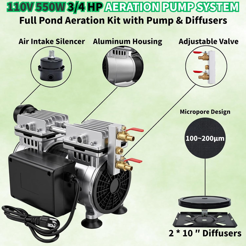Pond Aerator 5.76CFM Aeration System for Up to 3 Acre Pond & Lake, 3/4 HP 550W Air Compressor with 100' Weighted