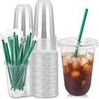 25 Set 16oz Plastic Cups with Flat Lids and Straws,Disposable Plastic Iced Coffee Cup,Disposable Clear Drinking Cups