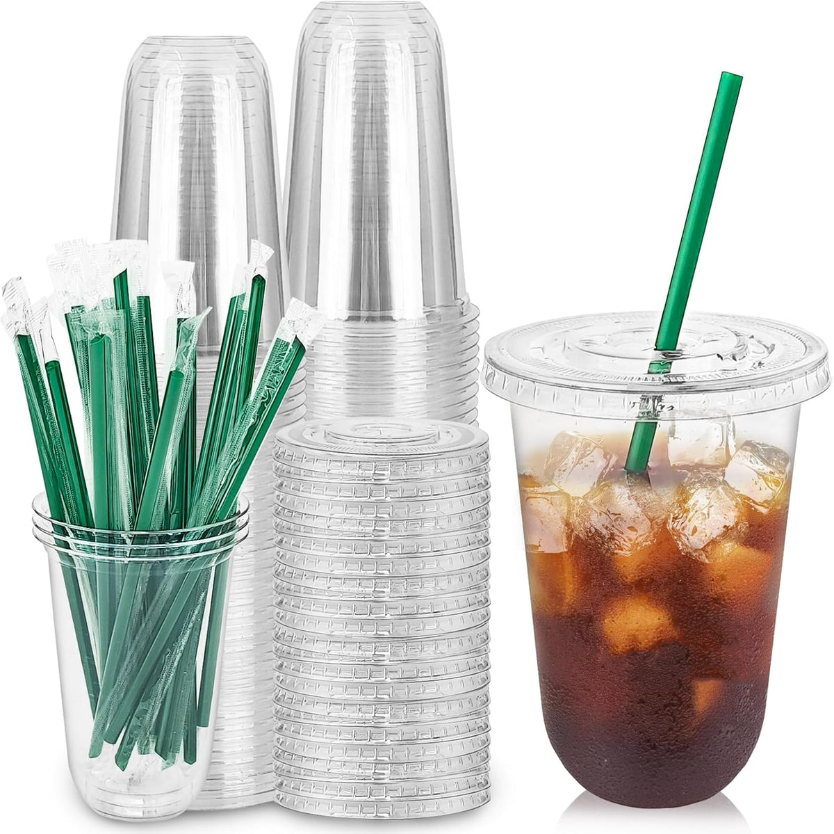 25 Set 16oz Plastic Cups with Flat Lids and Straws,Disposable Plastic Iced Coffee Cup,Disposable Clear Drinking Cups