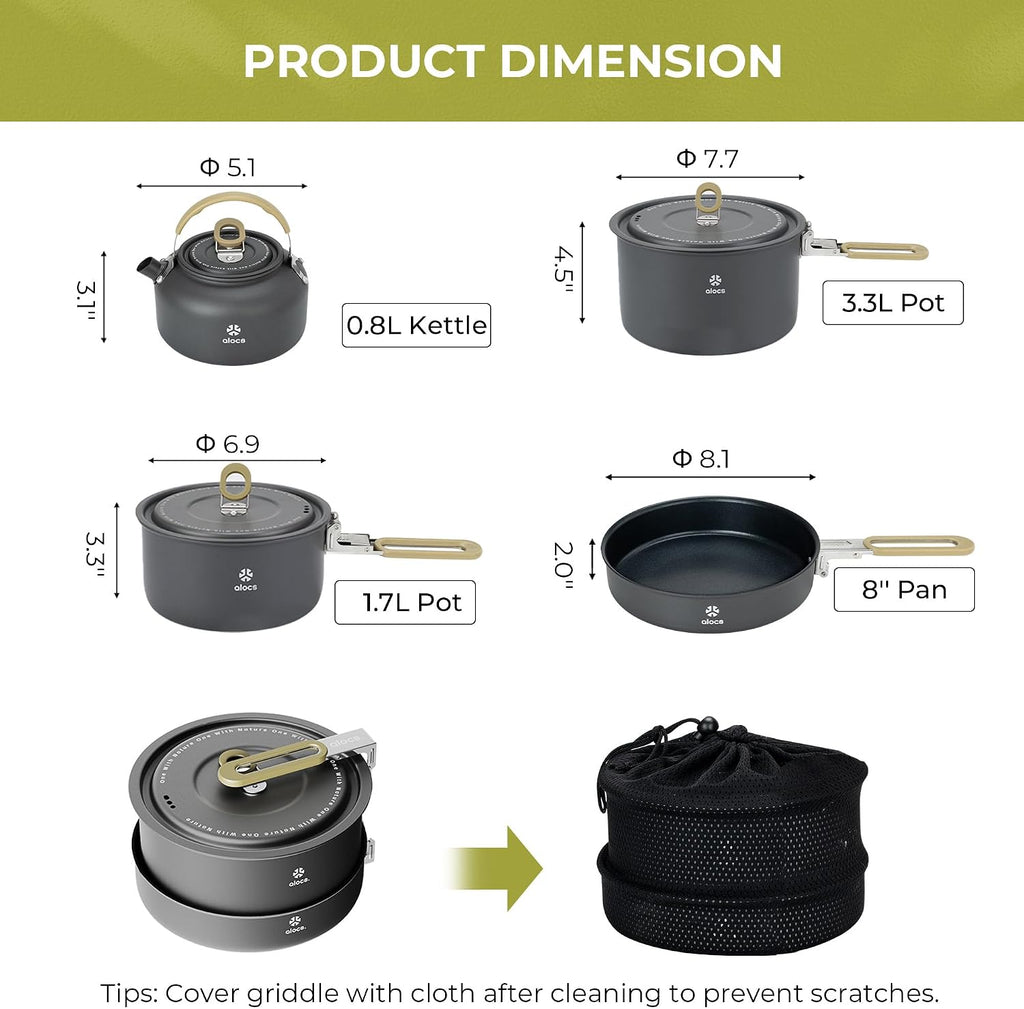 Camping Cookware Set - Lightweight Camping Pots and Pans - Portable Outdoor Cookware with Kettle - Camping Cookware