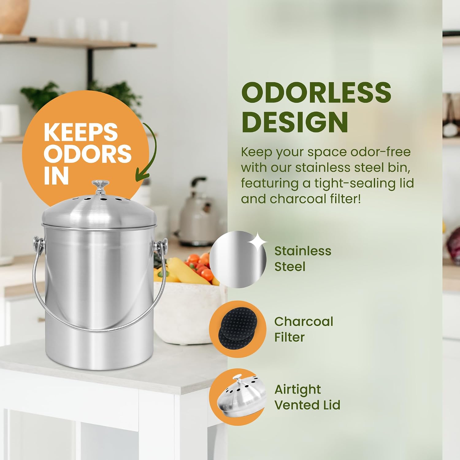 1.3 Gallon Stainless Steel Compost Bin for Kitchen | Charcoal Filters | Silver, Indoor Composting Bin with Charcoal