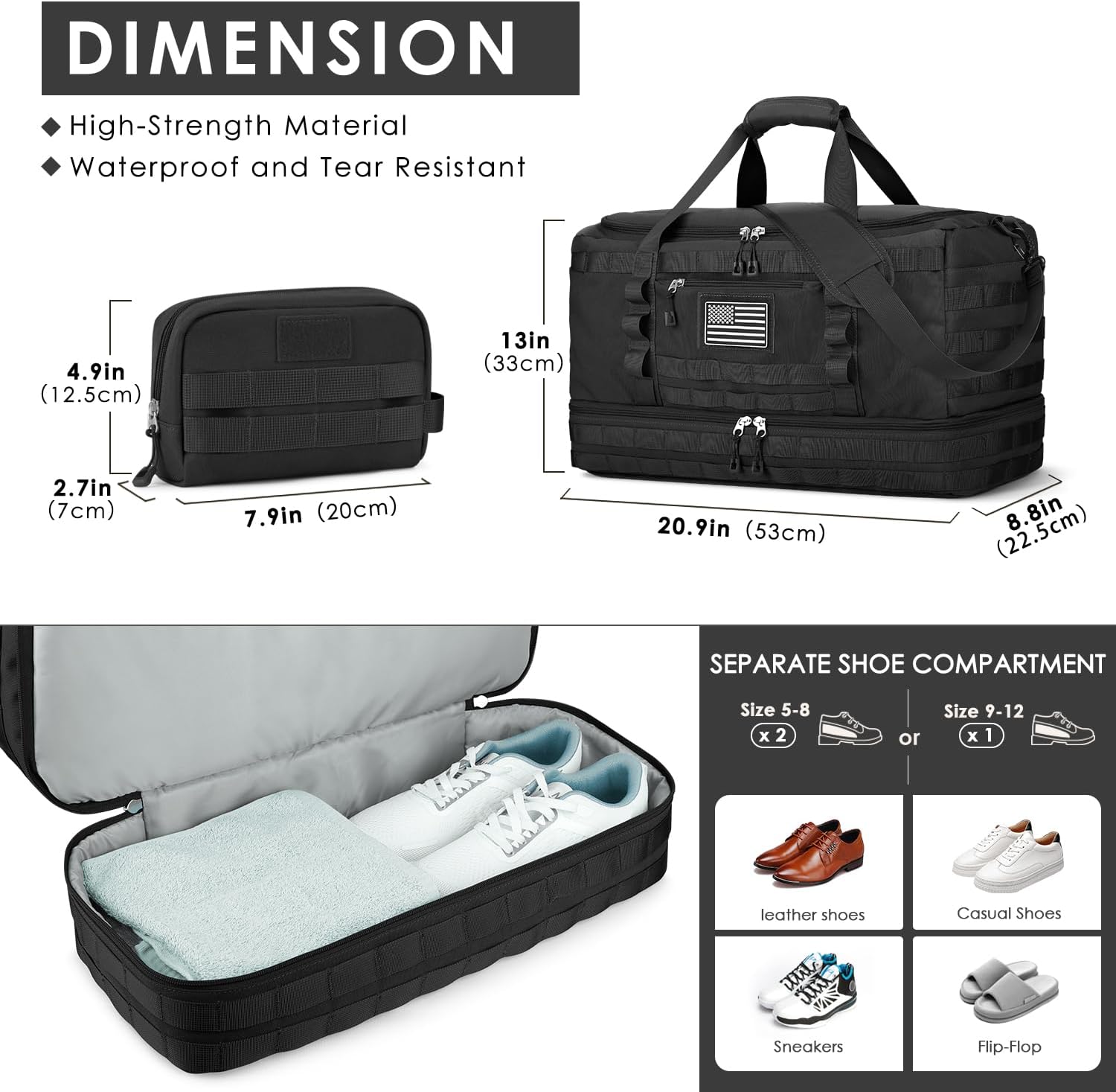 Gym Bag for Men Women, Carry on Luggage 22x14x9 Airline Approved, Tactical Travel Duffle Bag with Toiletry Bag and