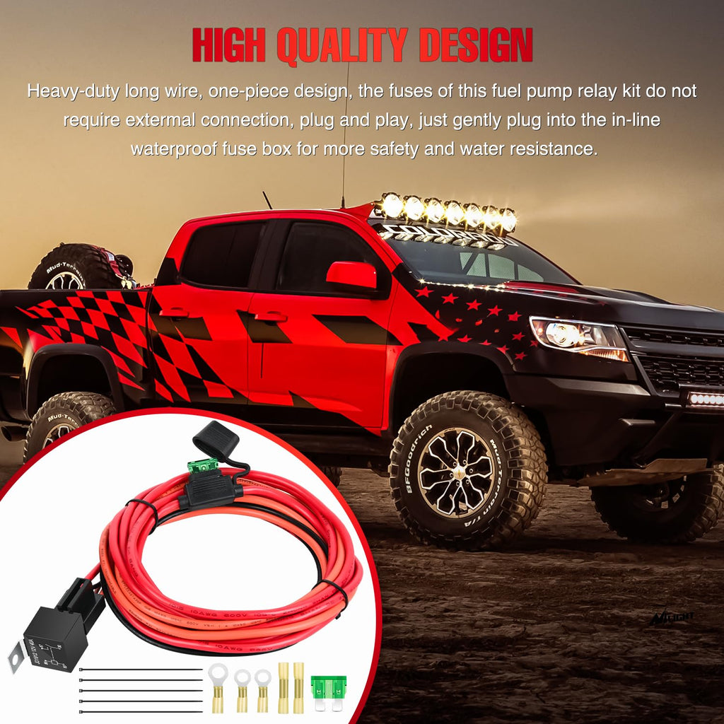 Electric Fuel Pump Relay Kit Wiring Harness 10 Gauge Cables | w/40 AMP Relay Heavy Duty 30 AMP Blade Fuse 12V System