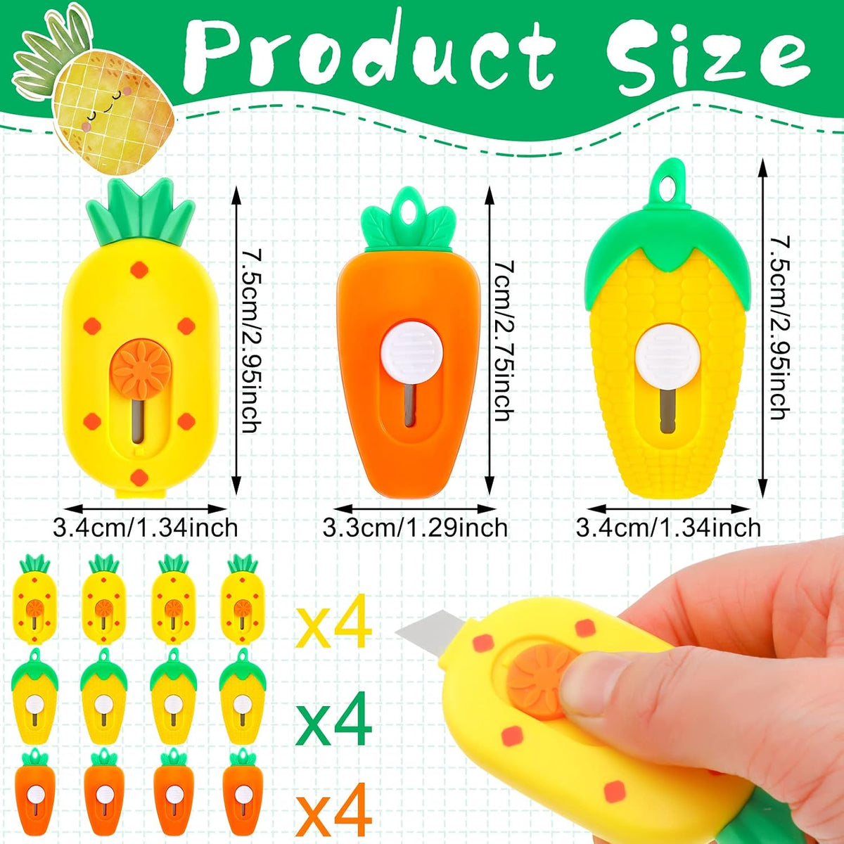 12 Pcs Mini Cute Box Cutter Pineapple Carrot Corn Retractable Opener