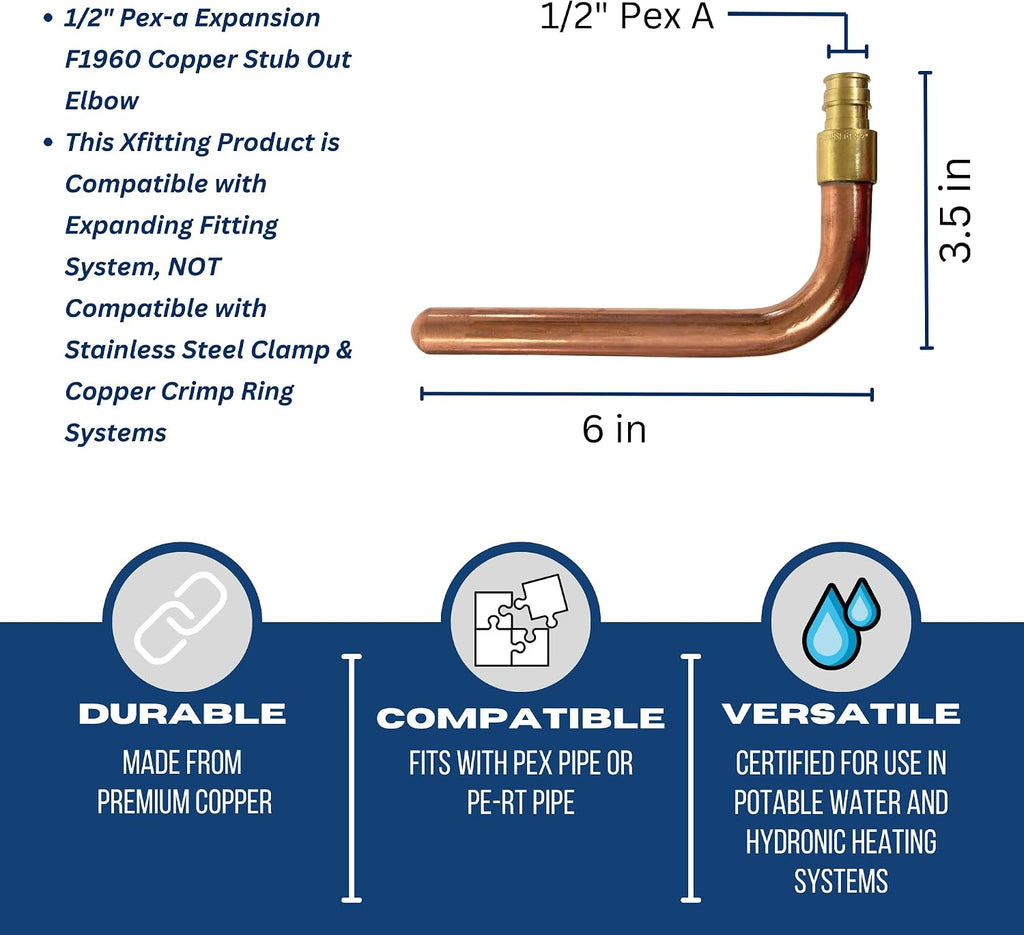 25 Pack 1/2'' Pex-A Stub Out Elbow, 3-1/2'' x 6'', Brass, 0.5 Inch