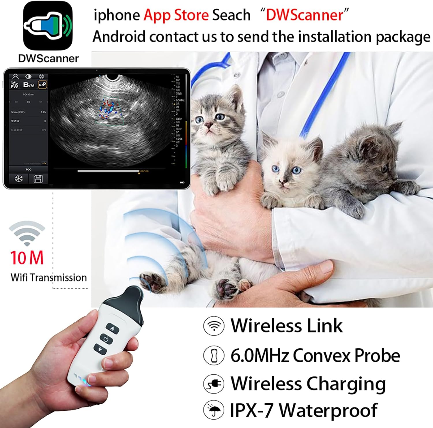 Wireless Color Doppler Ultrasound Machine 6.0MHZ Micro-Convex Probe, Wireless Ultrasound Machine for Android and iOS