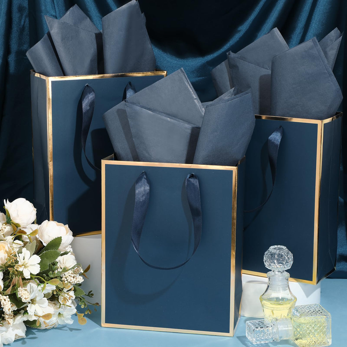 50 Pack Metallic Paper Gift Bag Bulk with Handle, Navy Blue, Gold