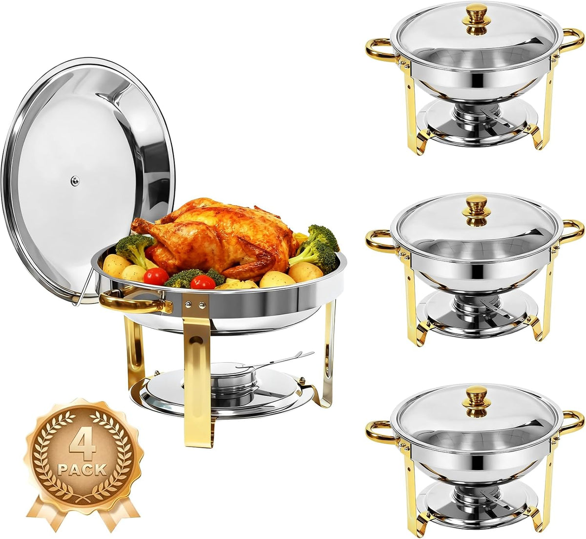 4-Pack Chafing Dish for Buffet Set, 6QT Round 304 Stainless Steel Buffet Food Warmers – Complete Set with Full