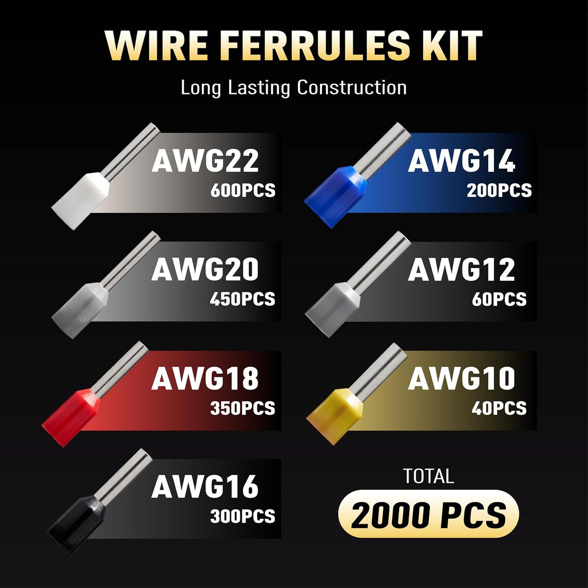 2000 PCS Wire Ferrule Kit, 22-10 AWG Premium Terminals Connectors