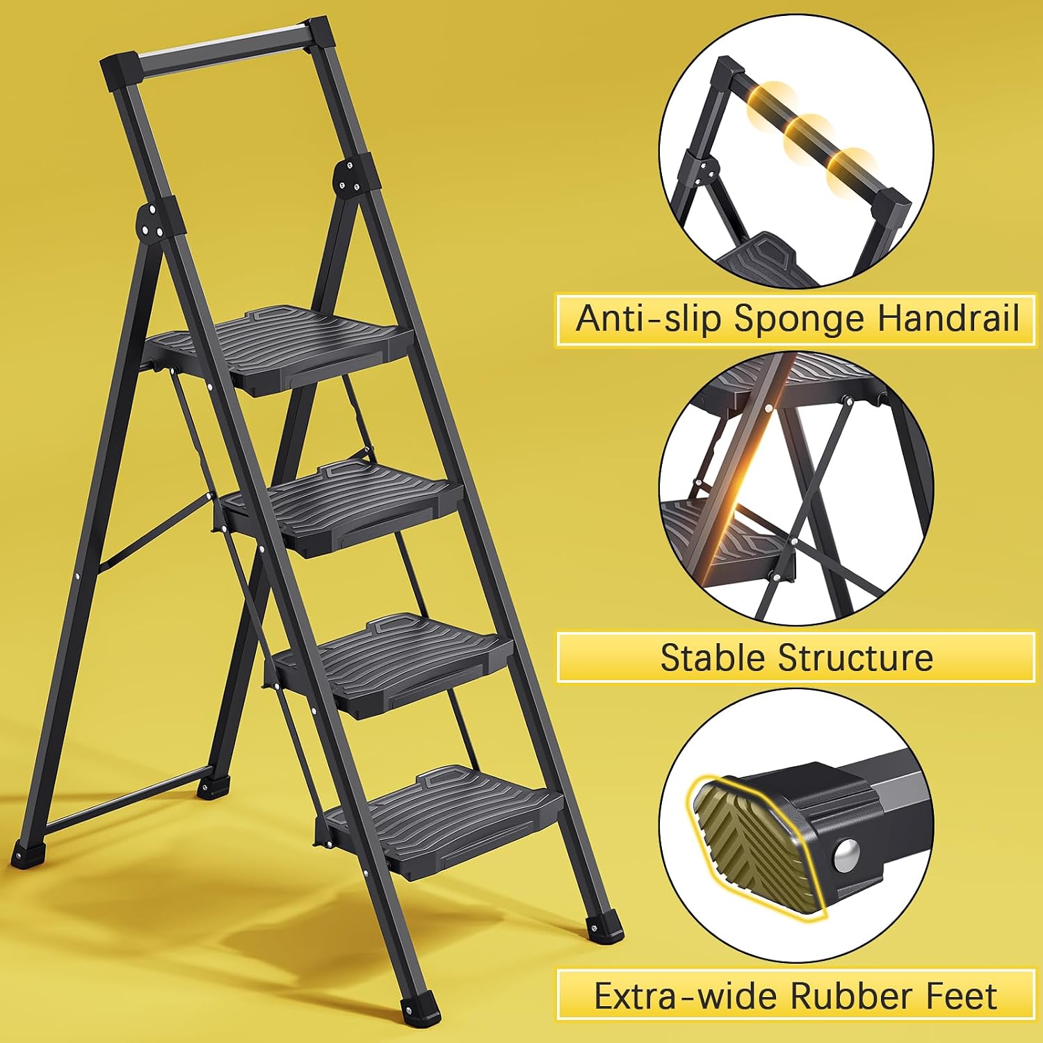 Step Ladder 4 Step Folding, 900lbs 4 Step Ladder with Anti-Slip Wide Pedal and Handrails, Lightwight Household